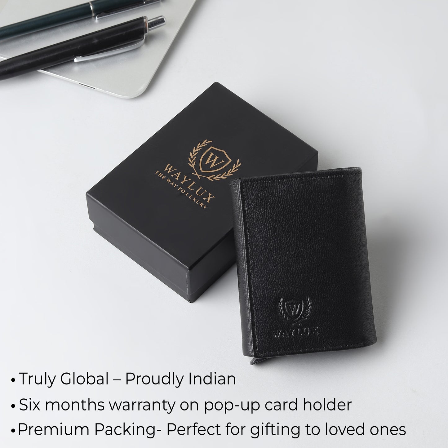 Waylux Genuine leather Tri-fold Wallet - RFID Protected I Pop up card holder