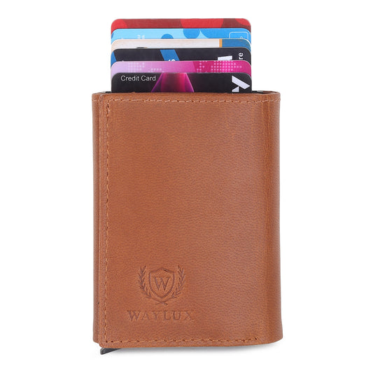 Waylux Genuine leather Tri-fold Wallet (TAN Brown) - RFID Protected I Pop up card holder