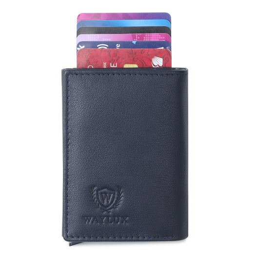 Waylux Genuine leather Tri-fold Wallet (Navy Blue)- RFID Protected I Pop up card holder