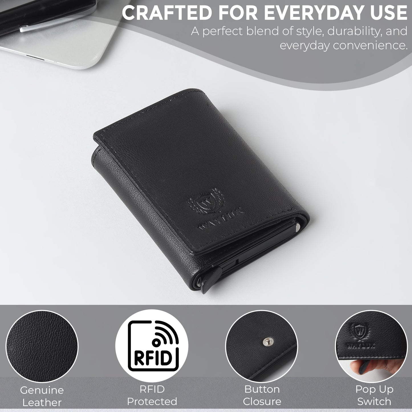 Waylux Genuine leather Tri-fold Wallet - RFID Protected I Pop up card holder