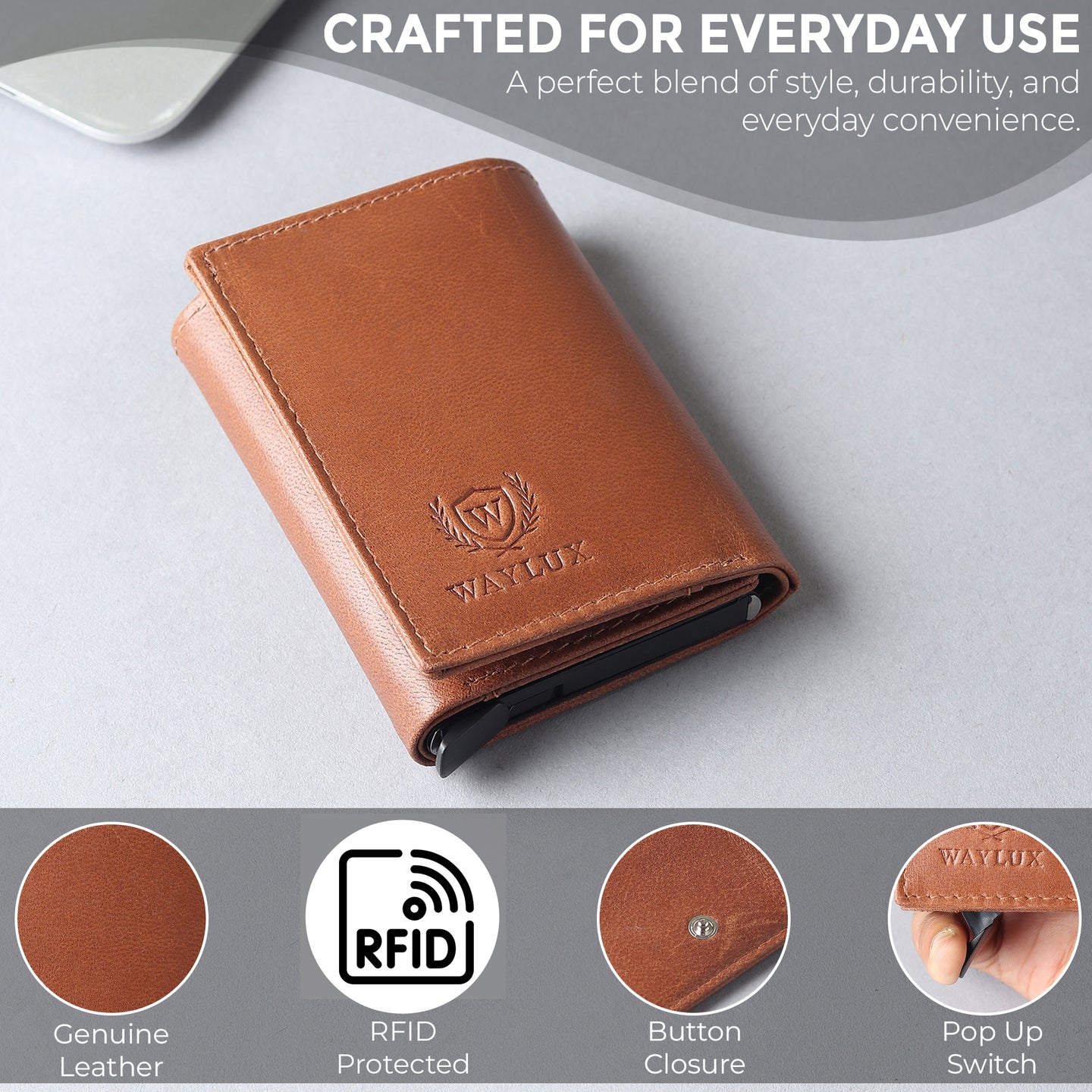 Waylux Genuine leather Tri-fold Wallet - RFID Protected I Pop up card holder