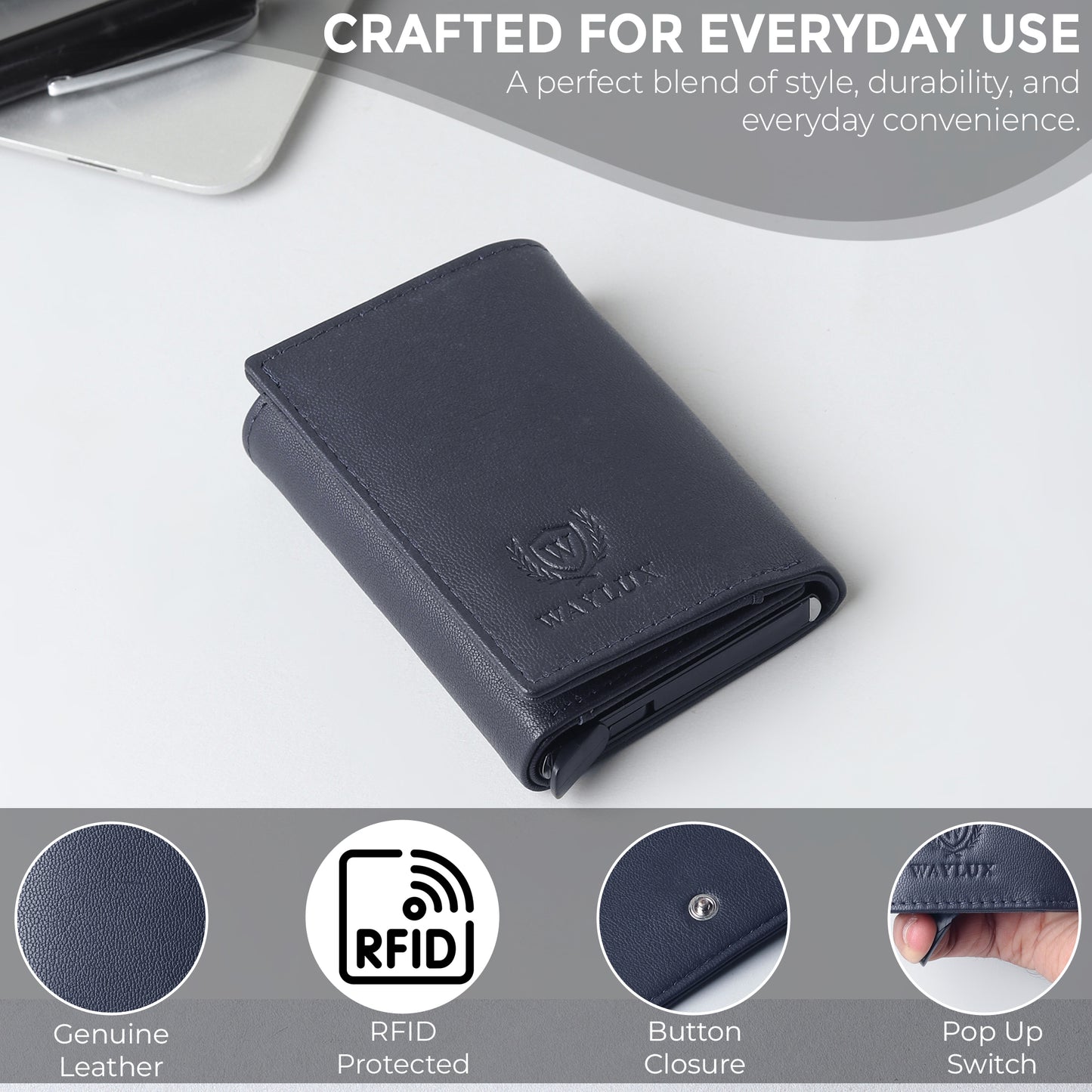 Waylux Genuine leather Tri-fold Wallet - RFID Protected I Pop up card holder