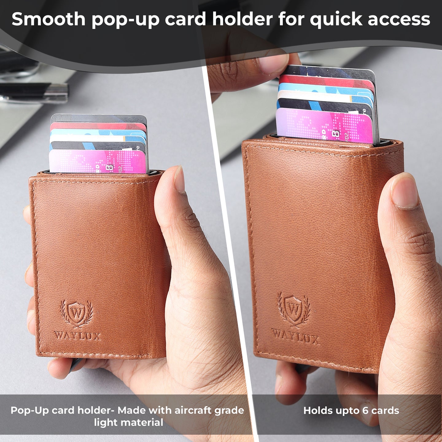 Waylux Genuine leather Tri-fold Wallet - RFID Protected I Pop up card holder