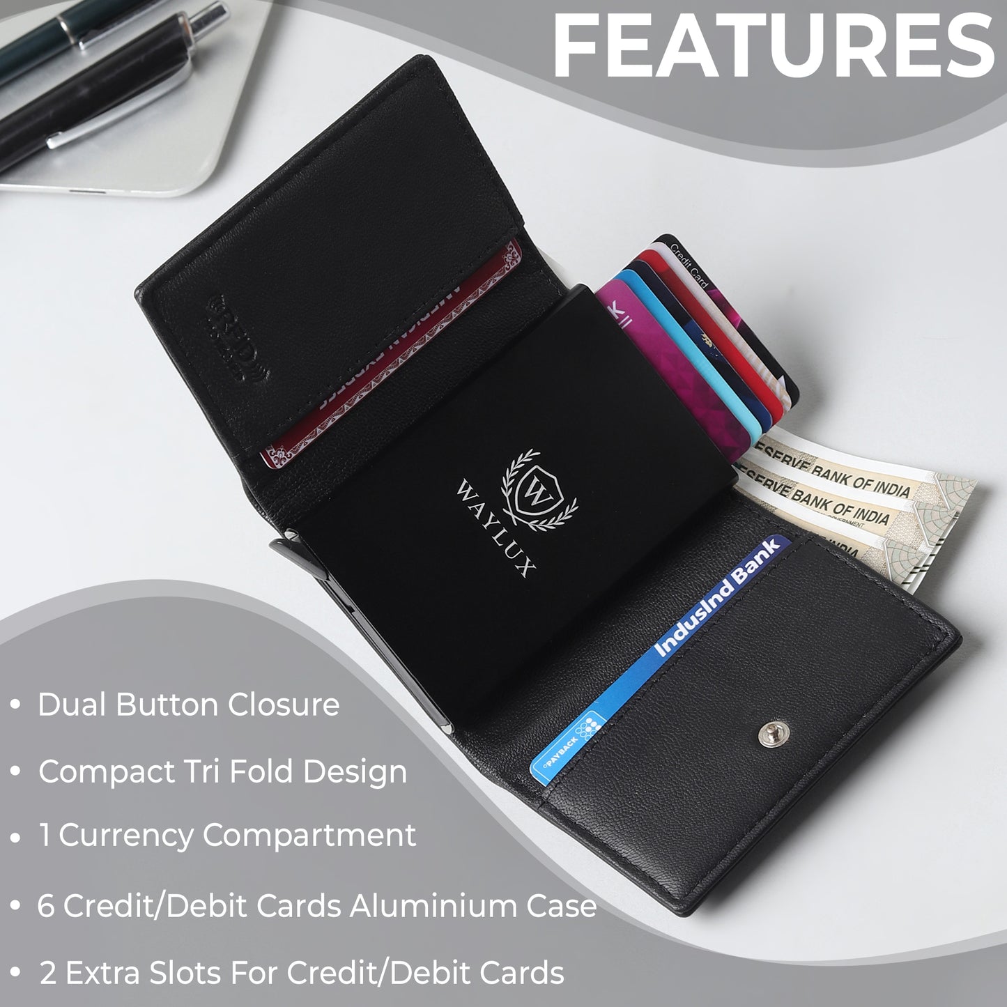 Waylux Genuine leather Tri-fold Wallet - RFID Protected I Pop up card holder
