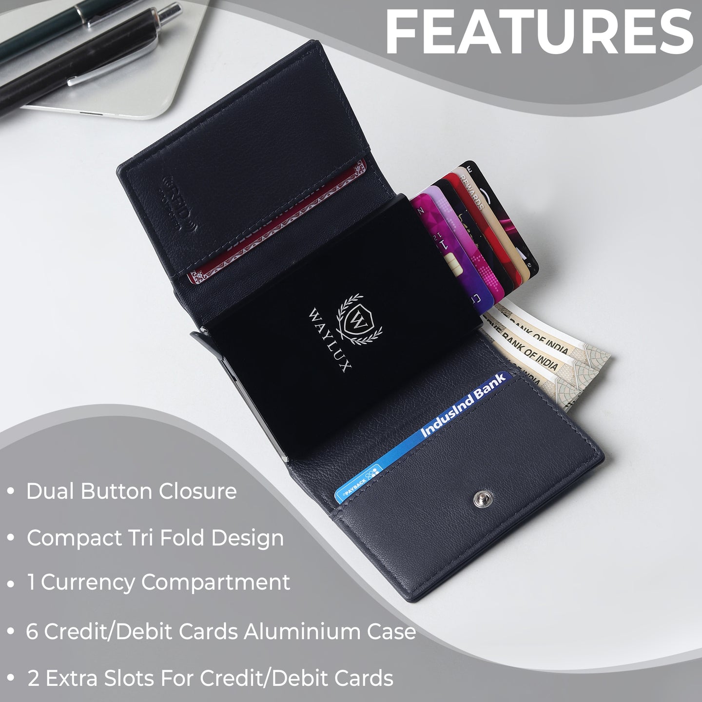 Waylux Genuine leather Tri-fold Wallet - RFID Protected I Pop up card holder