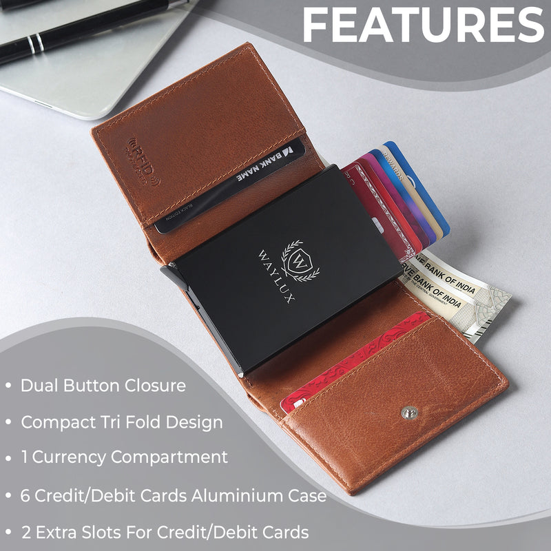 Waylux Genuine leather Tri-fold Wallet (TAN Brown) - RFID Protected I Pop up card holder