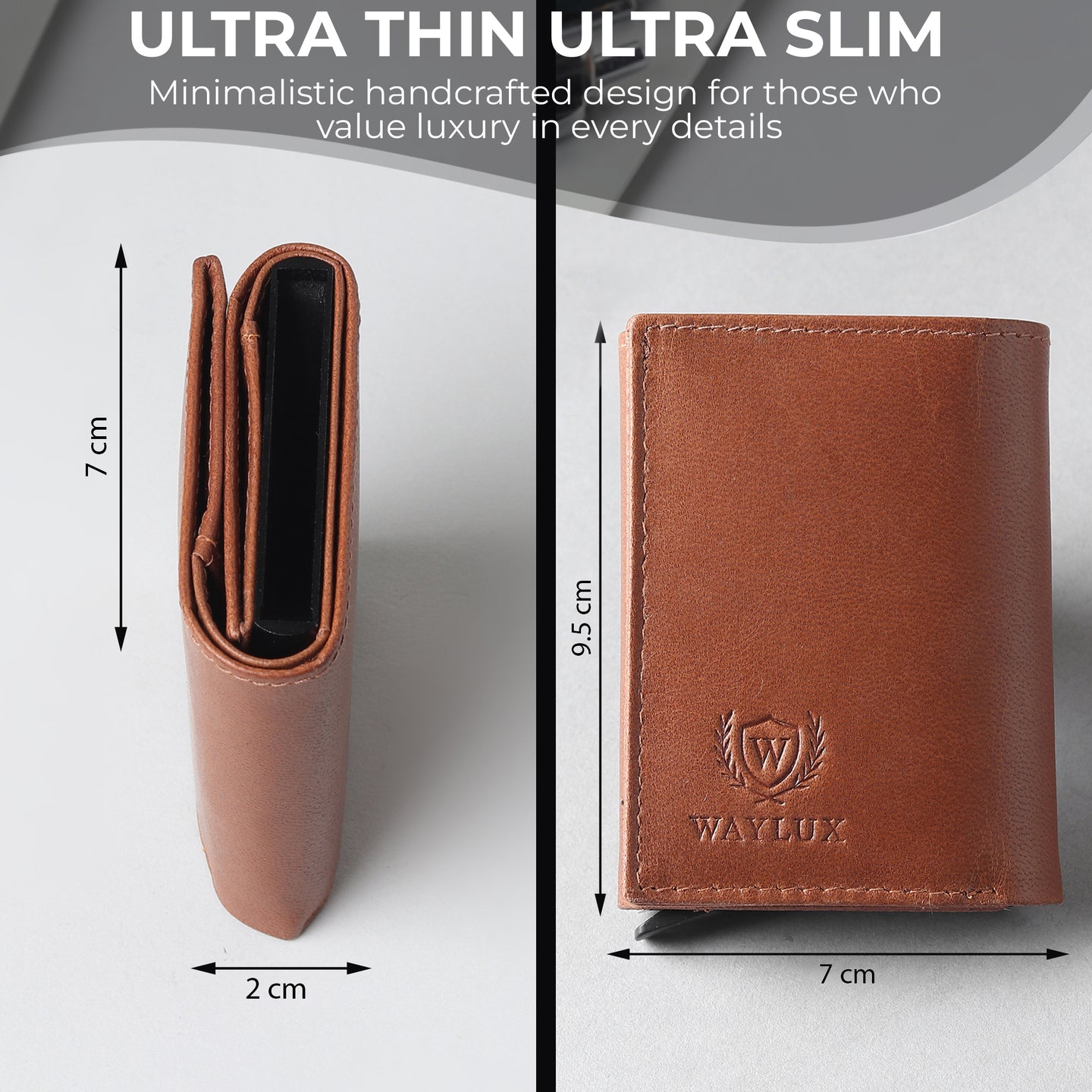 Waylux Genuine leather Tri-fold Wallet - RFID Protected I Pop up card holder