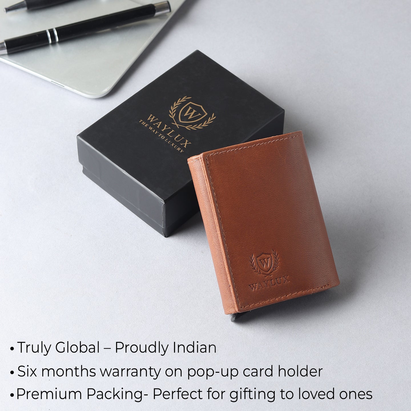 Waylux Genuine leather Tri-fold Wallet - RFID Protected I Pop up card holder