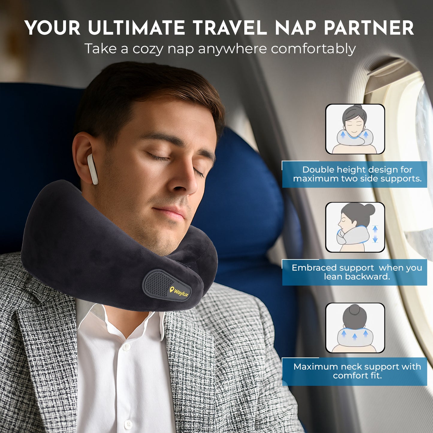 Waylux Travel Neck Pillow, 100% Memory Foam I Lightweight Neck Support Pillow