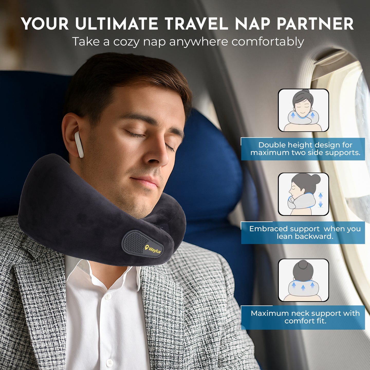 Waylux Travel Neck Pillow, 100% Memory Foam I Lightweight Neck Support Pillow