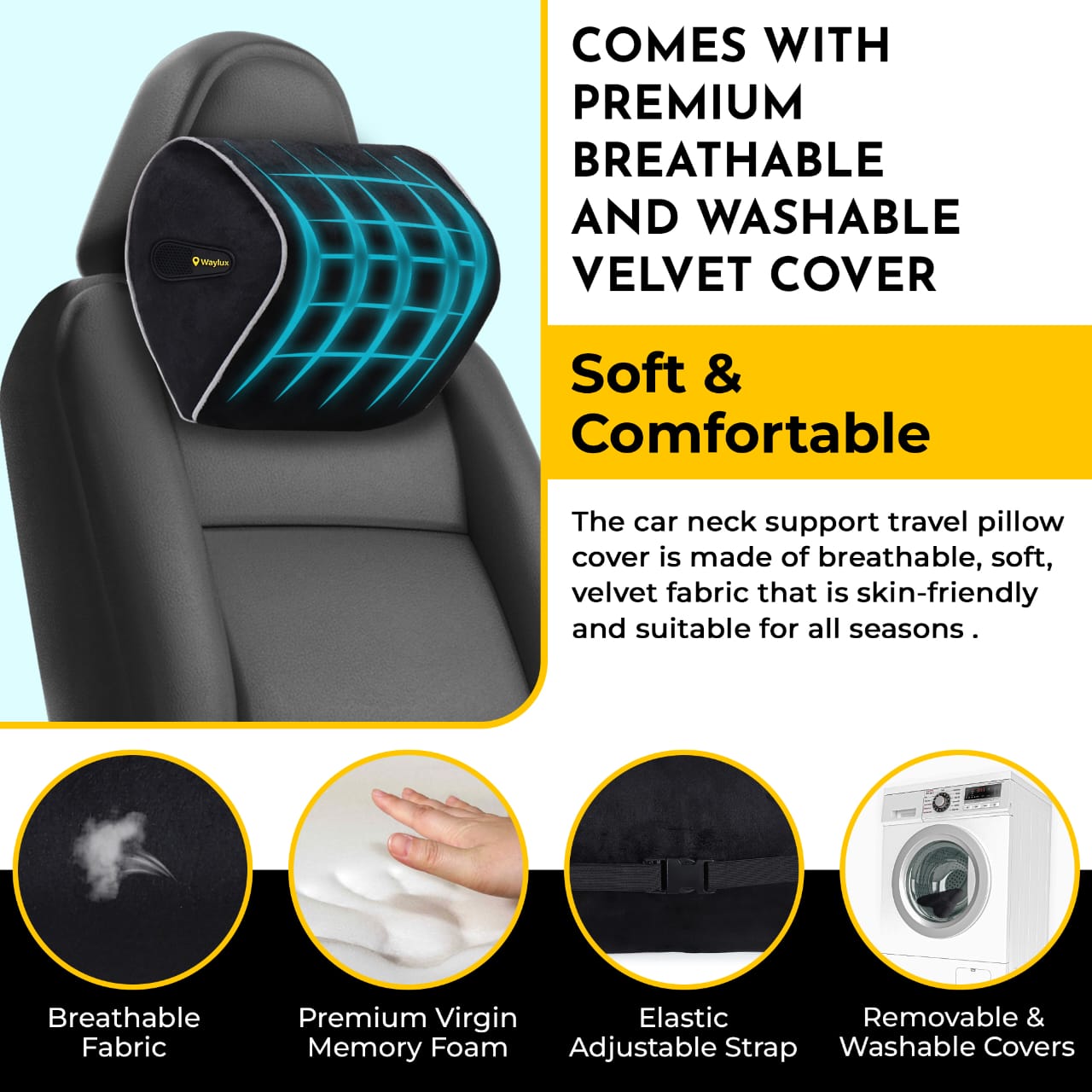 Waylux Car Neck Rest Pillow for Driving – Memory Foam Ergonomic Headrest Support