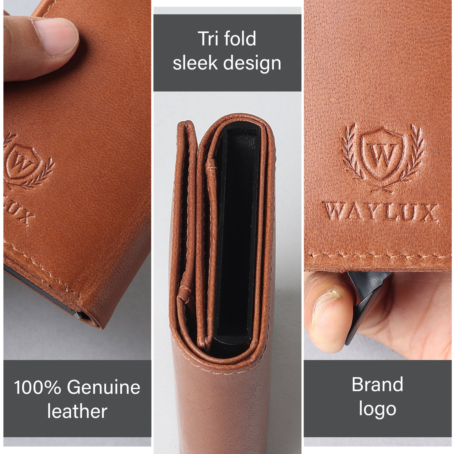 Waylux Genuine leather Tri-fold Wallet - RFID Protected I Pop up card holder